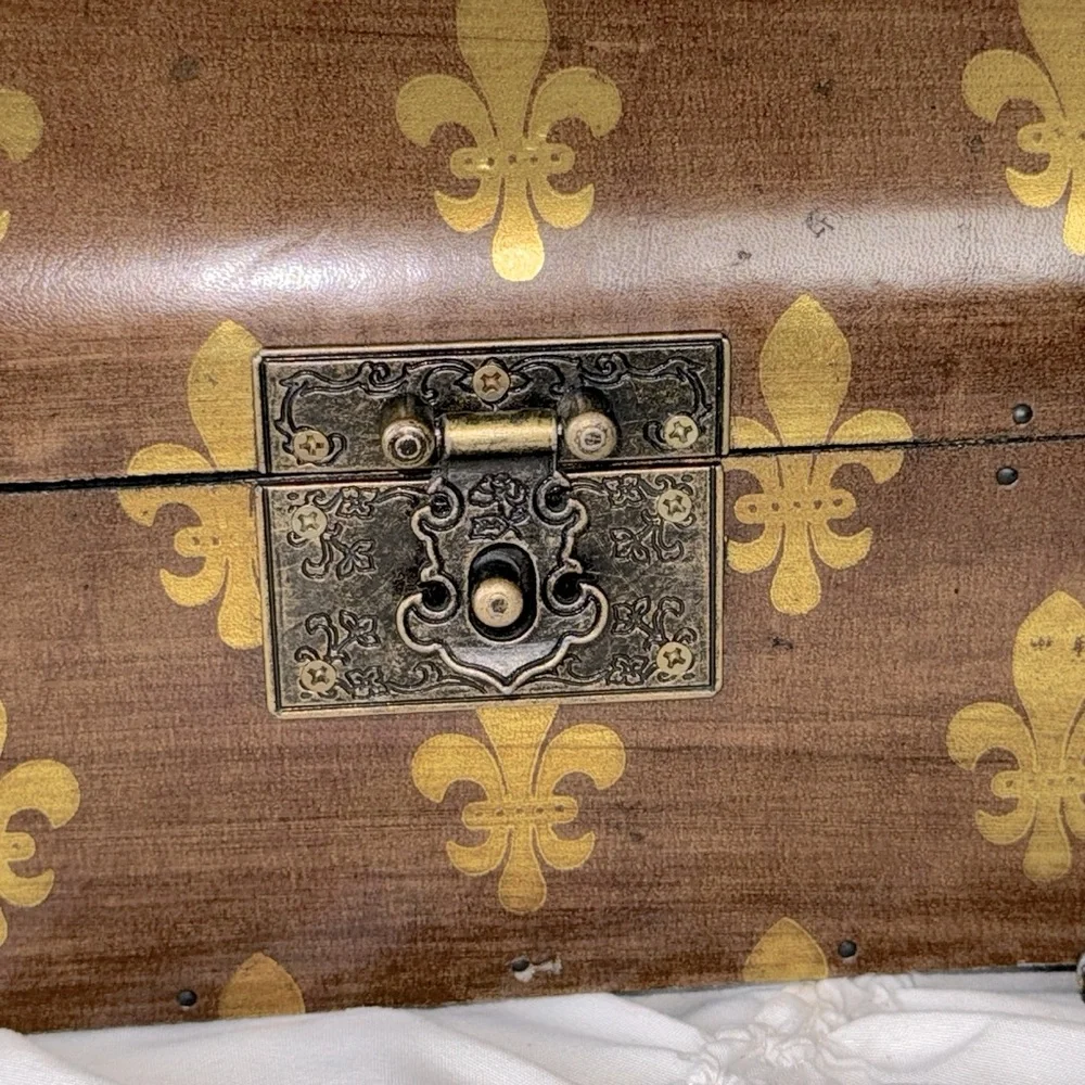 Vintage Fleur De Lis Broach Box Jewelry Casket Storage Box French Louis Rococo